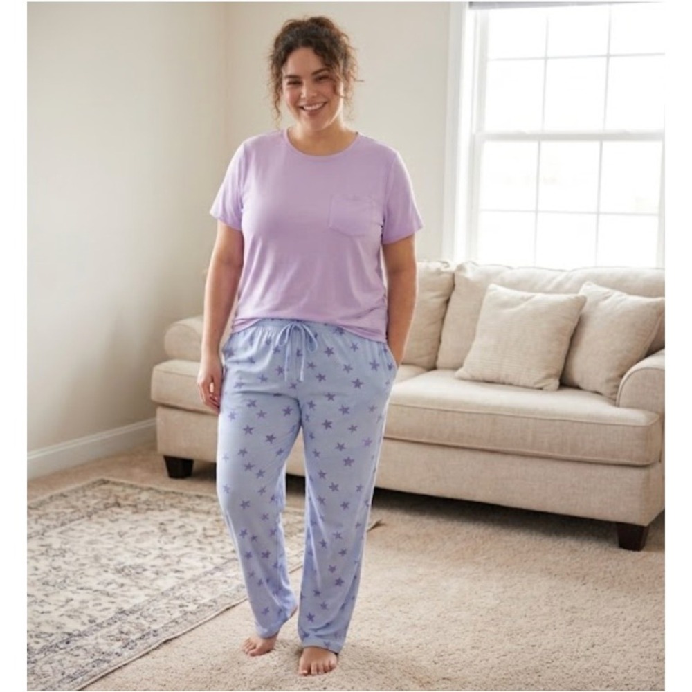 Roudelain Womens XXL Pajama Set‎ Lavender Star Print Short Sleeve Pants NEW